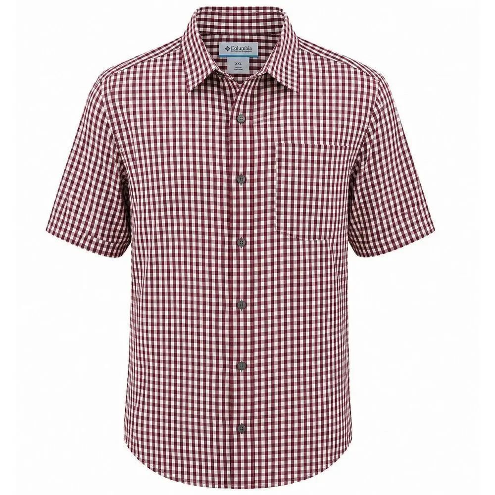 Columbia Men Gingham Button Up Shirt Burgundy White Short Sleeve Regular Fit XXL